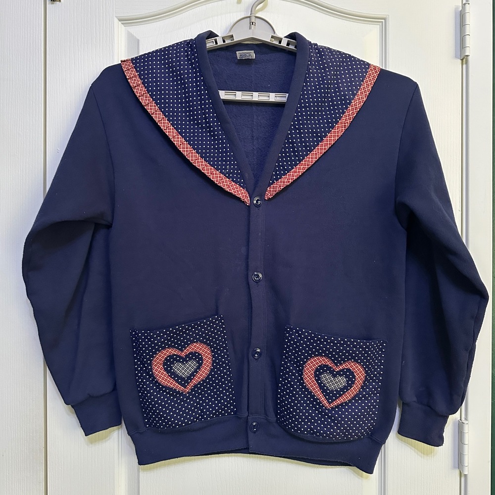 Jerzees Vintage Cardigan Sweatshirt Sailor Collar OS Navy Cottagecore Gradmacore
